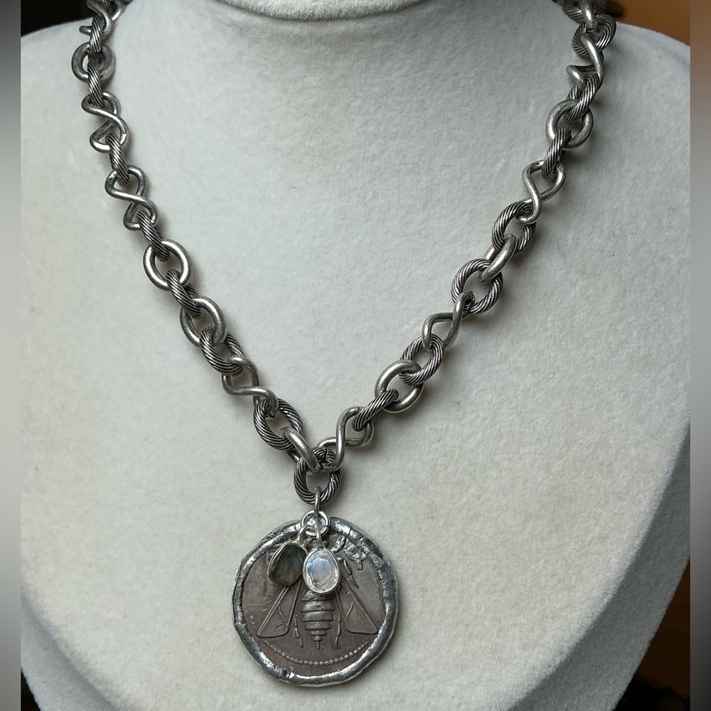 Solid Antique Silver 18” with Vintage Greek Bee Coin and Lab and Pearl Charms
